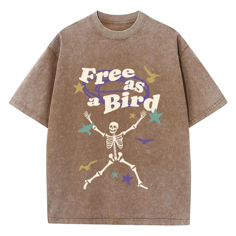 Street Women Washed T-Shirts Free As Bird Skeleton Man Printed Tee Shirts Comfortable Cotton Oversize Tees Summer Clothes