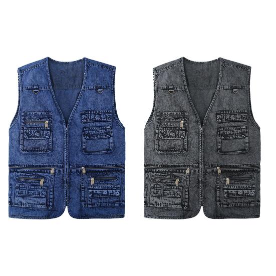 Spring Autumn Men Vest Multiple Pockets Solid Color Streetwear Plus Size Loose V Neck Sleeveless Outerwear Waistcoat for Fishing
