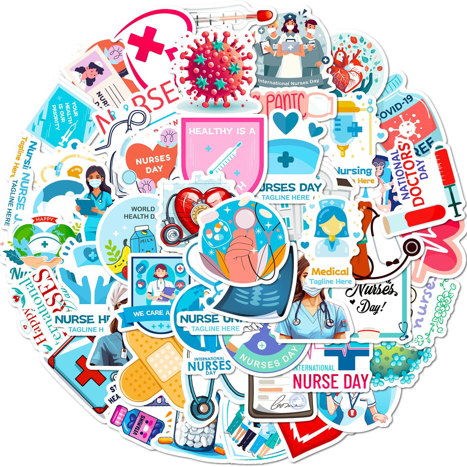 

50 Lamp Blue Theme Hospital Compact Icon Doctor Nurse Decals Injection Clinic Decoration Nurses Stickers Premium