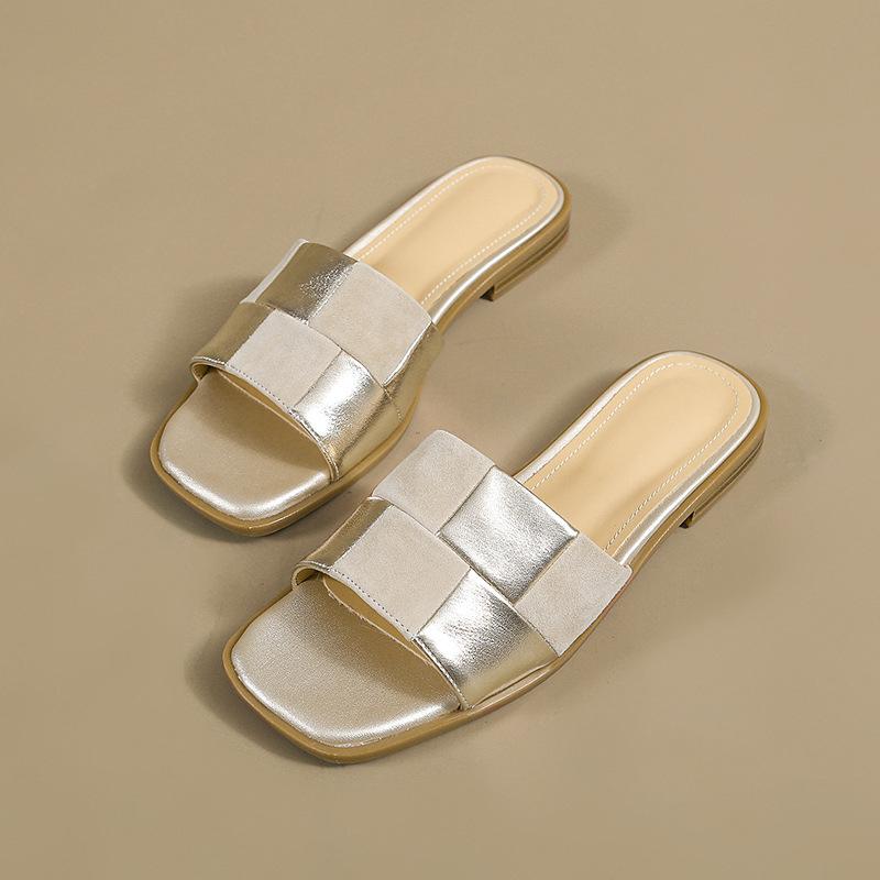 

Французские золотые тапочки на плоской подошве, женская новая летняя верхняя одежда 2025 года, плетеные изысканные мягкие тапочки с открытым носком, удобные, классные тапочки 40 абрикосовый