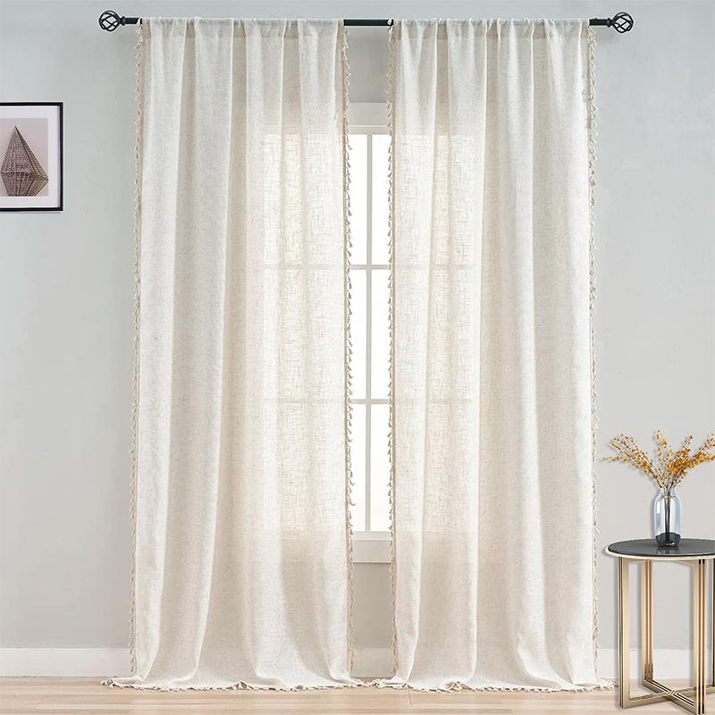 Tassel Sheer Curtains Living Room Vintage Cream Voile Net Slot Top Window Drapes