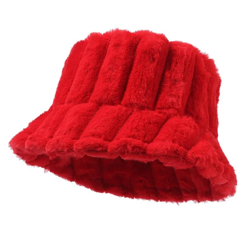 New Autumn Winter Faux Fur Bucket Hat Outdoor Fashion Solid Color Stripes Thick Warm Fisherman Hats Wide Brim Ski Panama Cap