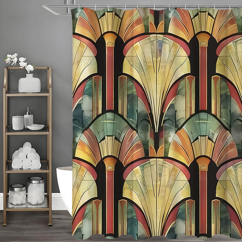 Vintage Mid Century Gold Gothic European Pattern Shower Curtain, Bathroom Decorative Shower Curtain, Waterproof Shower Curtain w