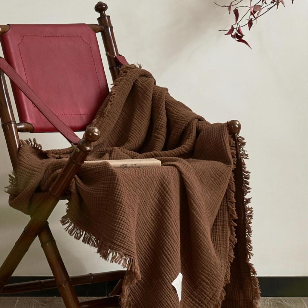 Japanese Style Maillard Four-layer Gauze Tassel Blanket Vintage Wrinkled Texture 100% Cotton Gauze Throw for Sofa Office Home