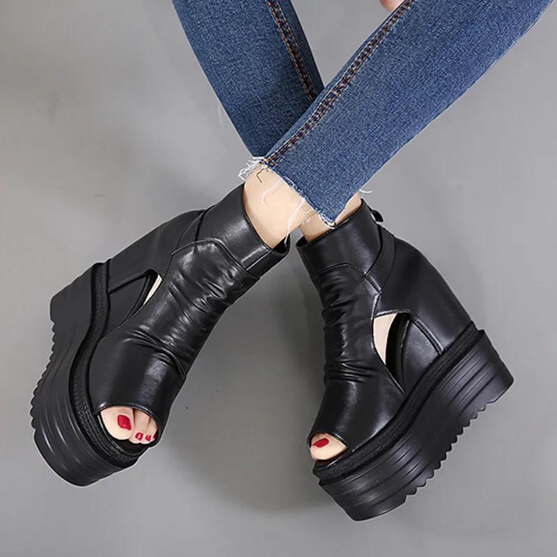 Fashion 2025 New Summer Fashion Platform Wedge Sandals Women 12CM High Heel Sexy Fish Mouth Waterproof Platform Elevation Cool Boots