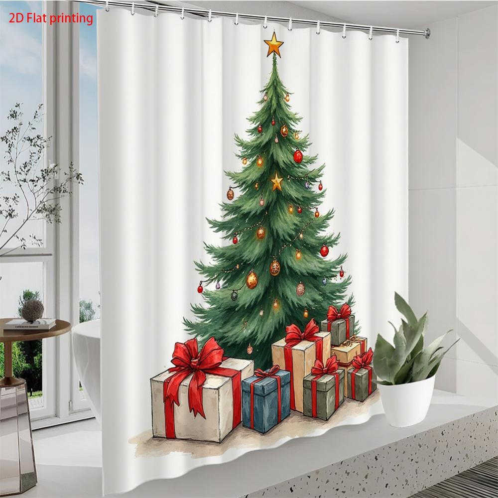1Pc Christmas Tree Print Shower Curtain - Machine Washable With Hooks, Polyester Fabric Shower Curtain For Bathroom Decoration