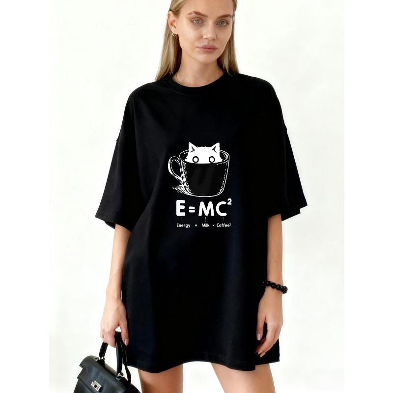 Oversized T-Shirt Black Cat In Coffee Cup E Mc2 Energy Milk Coffee Square Print Casual Wear For Women XXXXL чёрный