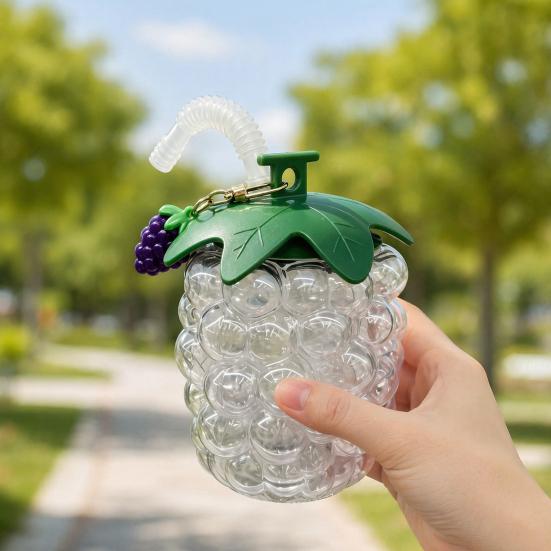 Wasserbecher mit Strohhalm, Traubenform, Kunststoff-Trinkbecher mit großem Fassungsvermögen, Transparente Wasserflasche für Outdoor-Sport, Büro, Studium