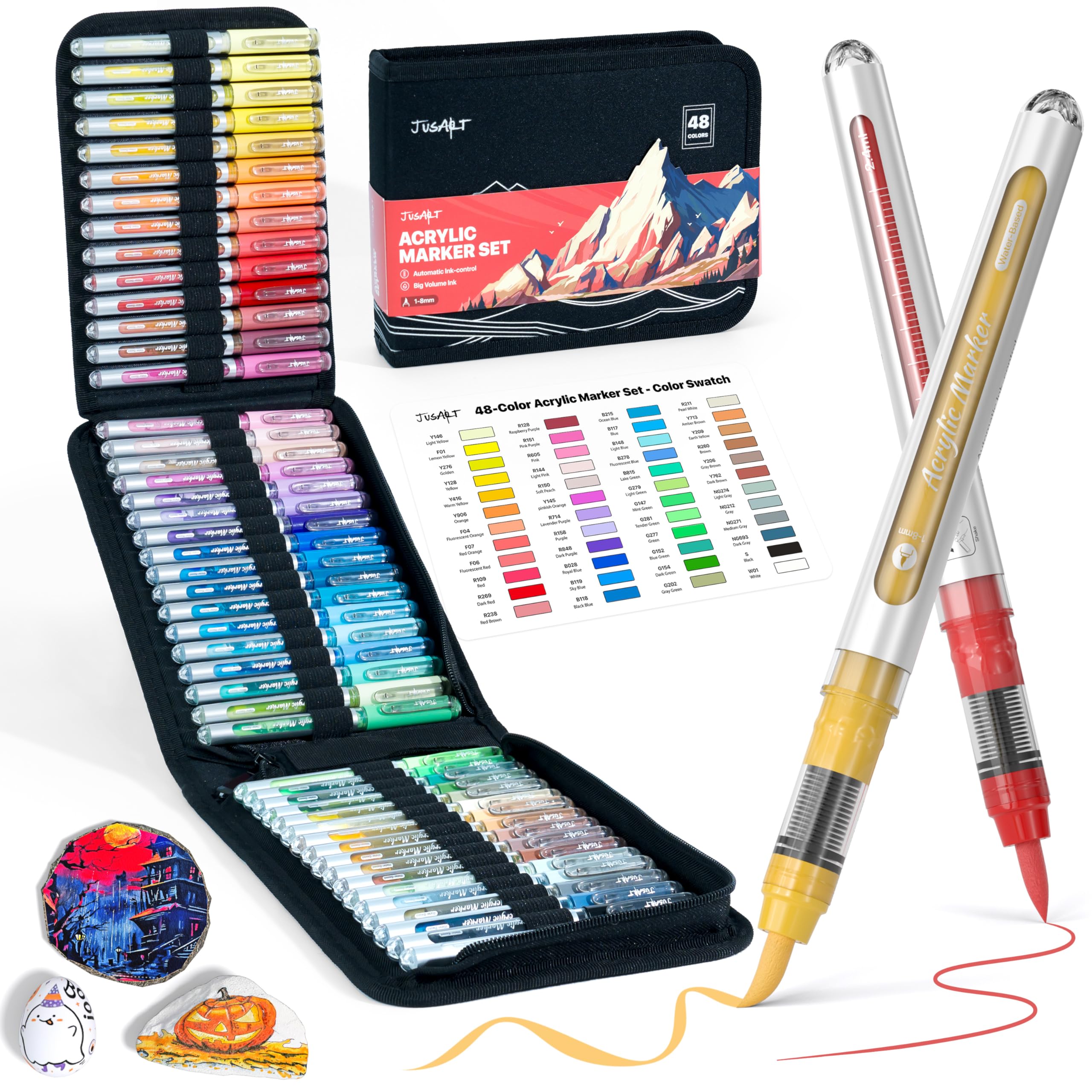

JusArt Acrylic Marker Bold Large for Writing on and DIY Coloring and More Pens, 48-Color Set, Water-Based, Glittery, Point, Capacity, Illustrations,