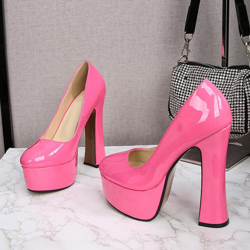 

Liyke Sexy Pink Patent Leather Chunky Platform High Heels Wedding Banquet Shoes Spring Autumn Round Toe Slingback Women Pumps 35