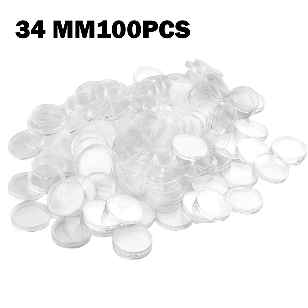 100 Clear Plastic 34mm Coin Capsule Holders Round Boxes with Moisture Sealing and Oxidation Resistance for Collector Use