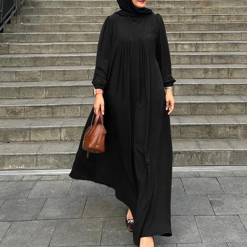 ZANZEA Women Round Neck Long Sleeve Loose Vintage Long Dress