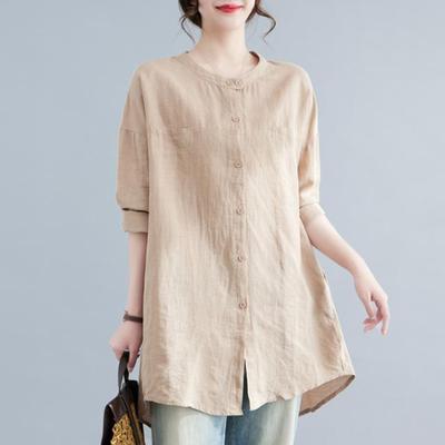 Spring Summer Literary Casual Mid-length Topstitched Loose Temperament Cotton Stand-up Collar Shirt Tops for Women