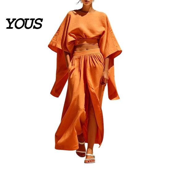 Lightweight Polyester Suit Women Summer 2 Piece Outfits, Batwing Half Sleeve Crop Top Spring Autumn And High Slit Maxi Skirt Travel Vacation Matching