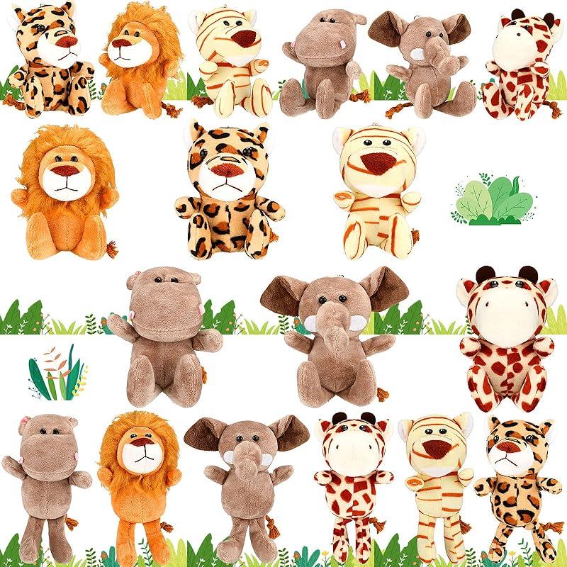 HyDren 18 Pcs Small Stuffed Animals Bulk Jungle Animal 4.8 Inch Safari Plush Lion Tiger Elephant Giraffe Leopard Monkey Figures for Valentines Day,
