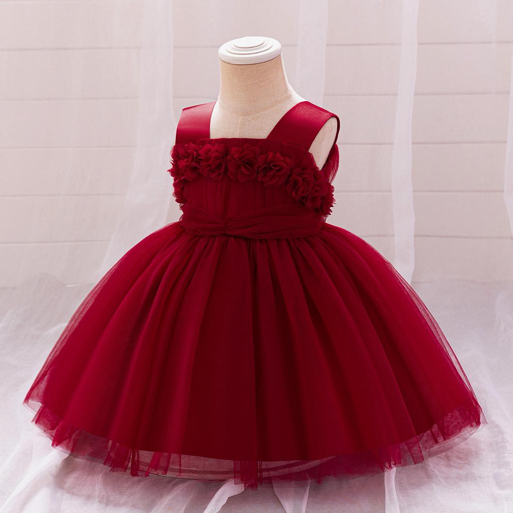 2024 Girls' Princess Dress with 3D Floral Mesh - Perfect for First Birthday