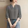 Women Casual V-Neck Solid Color 3/4 Sleeve Blouse