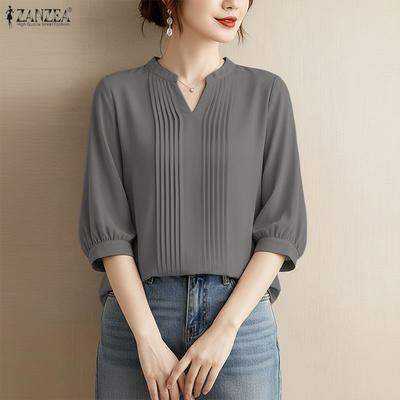 Women Casual V-Neck Solid Color 3/4 Sleeve Blouse