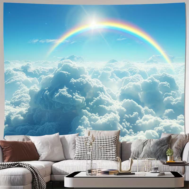 

2D Sunlight Rainbow Over Clouds Tapestry Bright Blue Sky Nature Art Wall Decor Cloth for Home & Bedroom 47.2x31.5inch/120*80cm