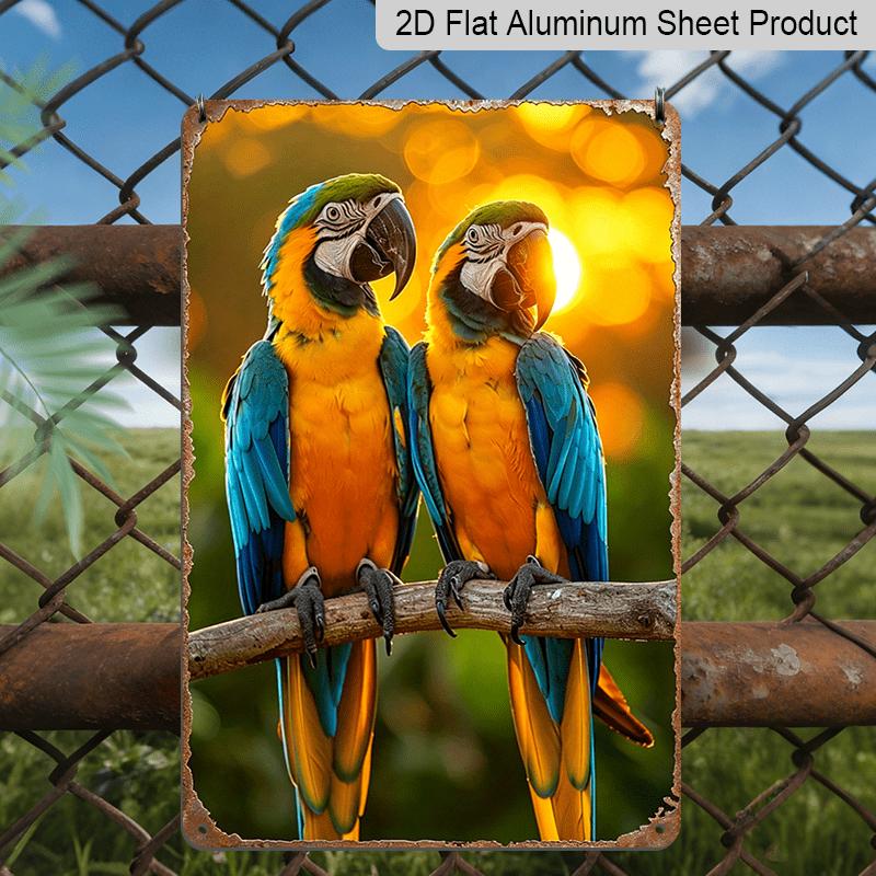 2D Flat, 1pc Vintage Macaw Parrot Metal Wall Decor - Tropical Blue & Yellow Macaw Aluminum Wall Art with Branches, Weatherproof Indoor/Outdoor 20*30cm