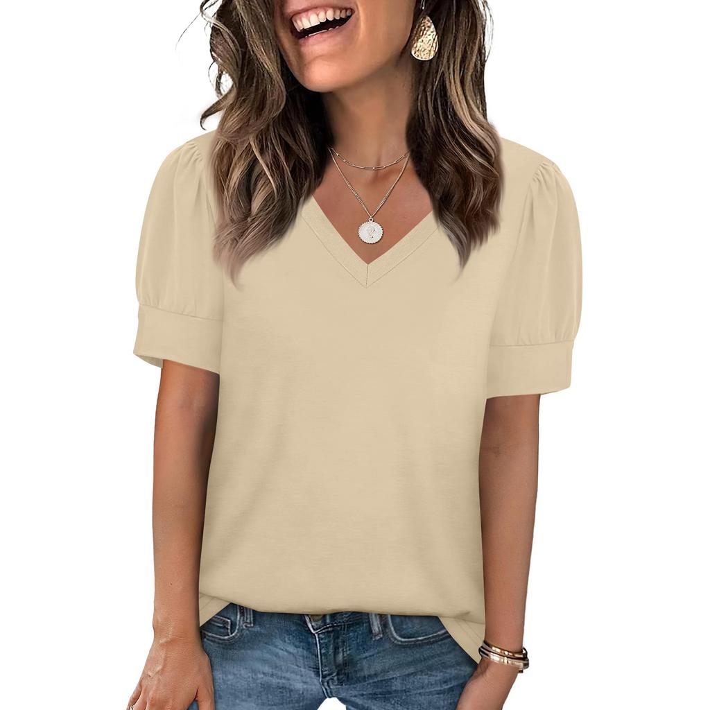 Women's Fashion Casual V- Neck Short Sleeve Color Shirt Women's Up Tops