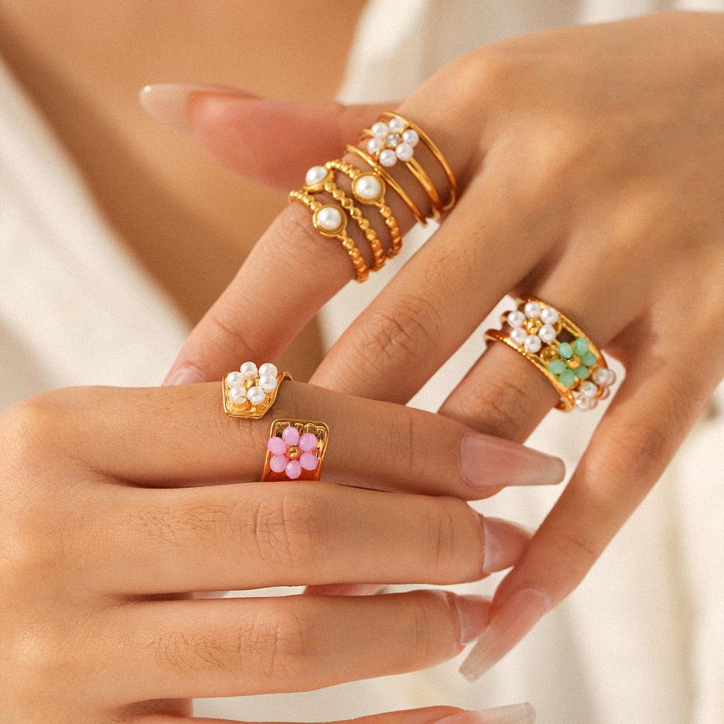 Pearl Ring Niche Design Hand Jewelry Titanium Steel Open Ring Women's Non-fading Flower Stainless Steel Ring