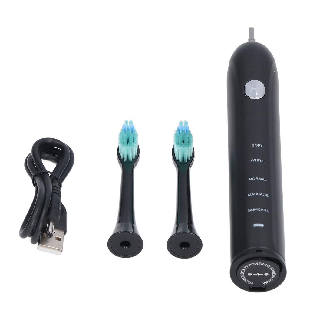 Adult Electric Soft Toothbrush Black USB Charging 5 Modes Waterproof Whitening Ultrasonic