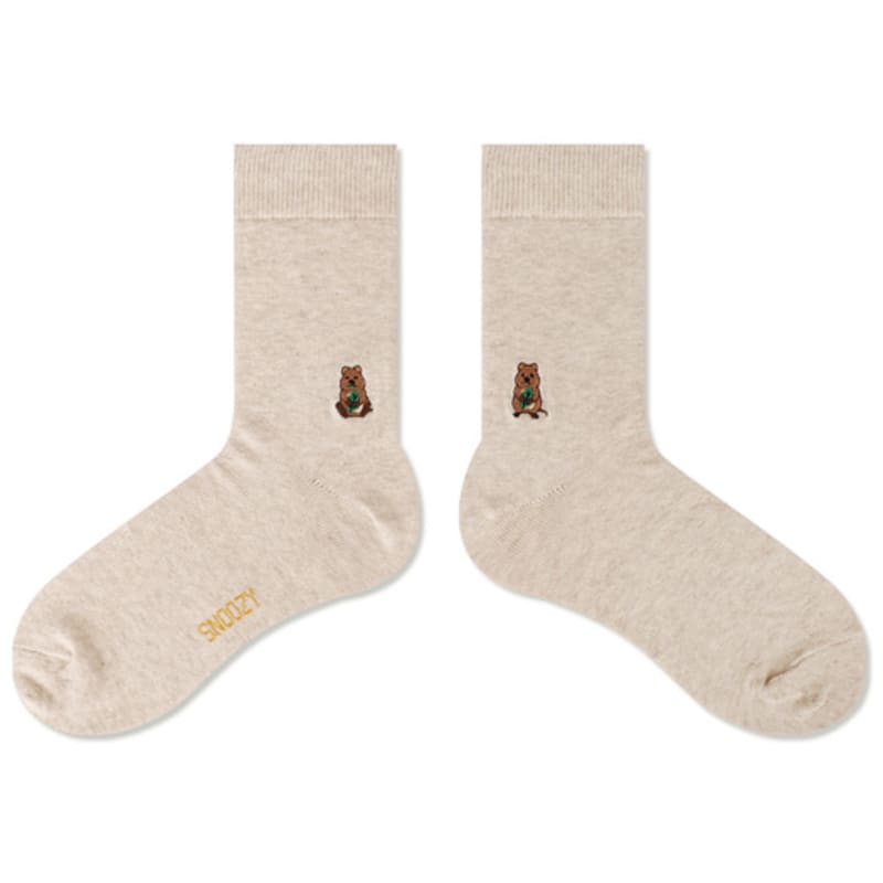 SNOOZY Quokka Emoji Embroidered Socks (Oatmeal)
