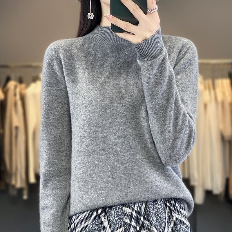 Women's Seamless Wool Sweater: Autumn/Winter Half-High Neck, Loose Fit, Knitted Base Layer