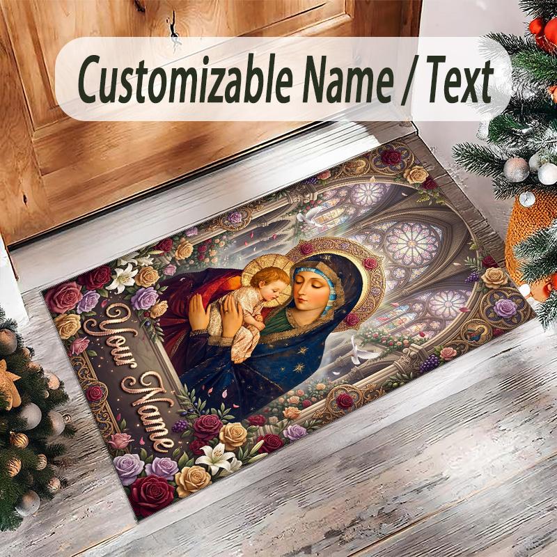 Virgin Mary Theme Crystal Velvet Rug Personalized Custom Name Text Soft Floor Mat Home Decor