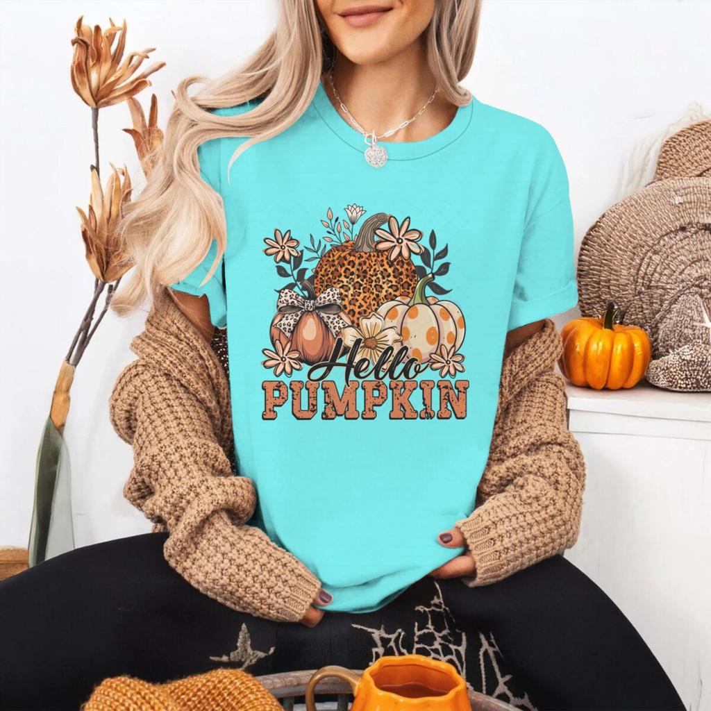 Hello Pumpkin Tshirt FeUnisex Halloween Fall Leopard Pumpkin Coquette Bow Graphic T Shirts Spooky Season Short Sleeve Tee Top