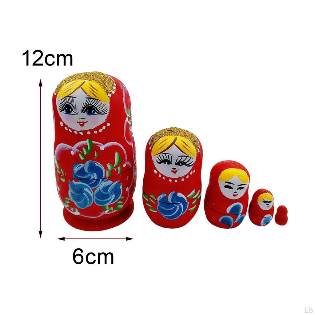 5 Pieces Matryoshka Doll Stacking Set Cartoon Figures Crafts Cute Traditional Wooden Russian