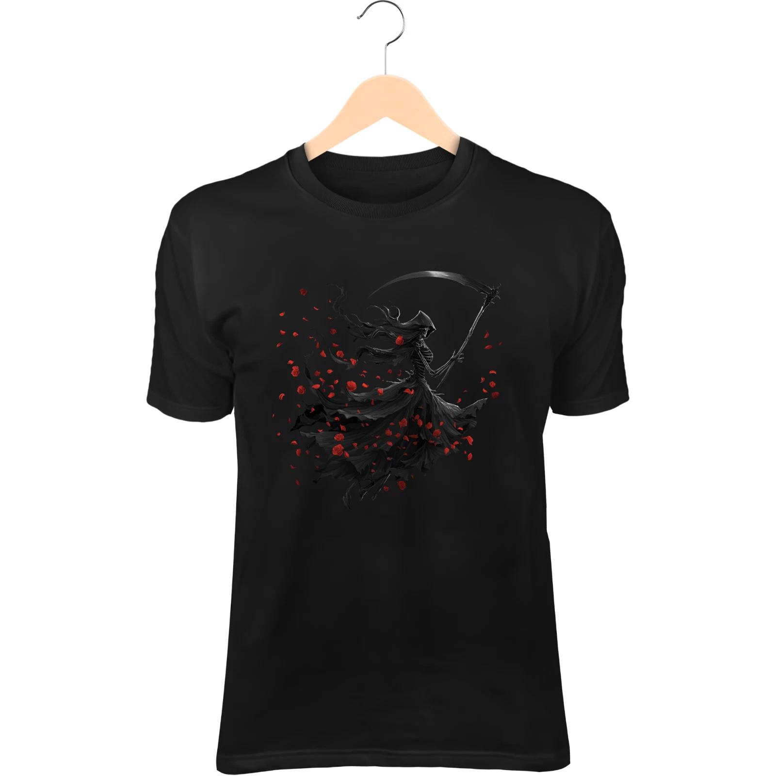 

Female Reaper T-Shirt – Elegant Black Gown, Flowing Hair & Rose Petals 2XL