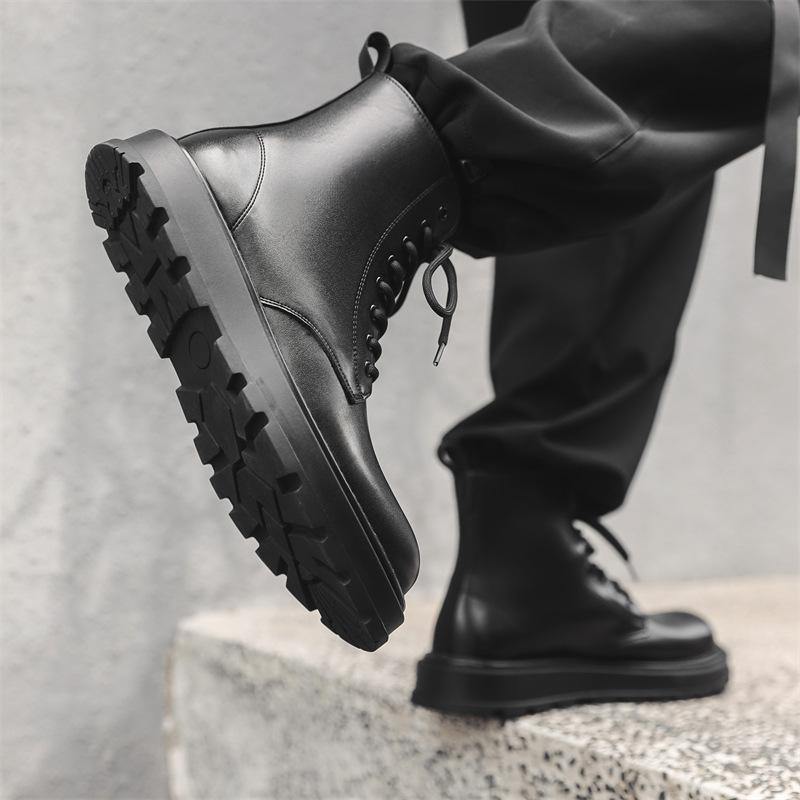 Martin boots men's black lace-up new autumn and winter velvet thick-soled heightening tooling locomotive boots versatile shoes 22727-J