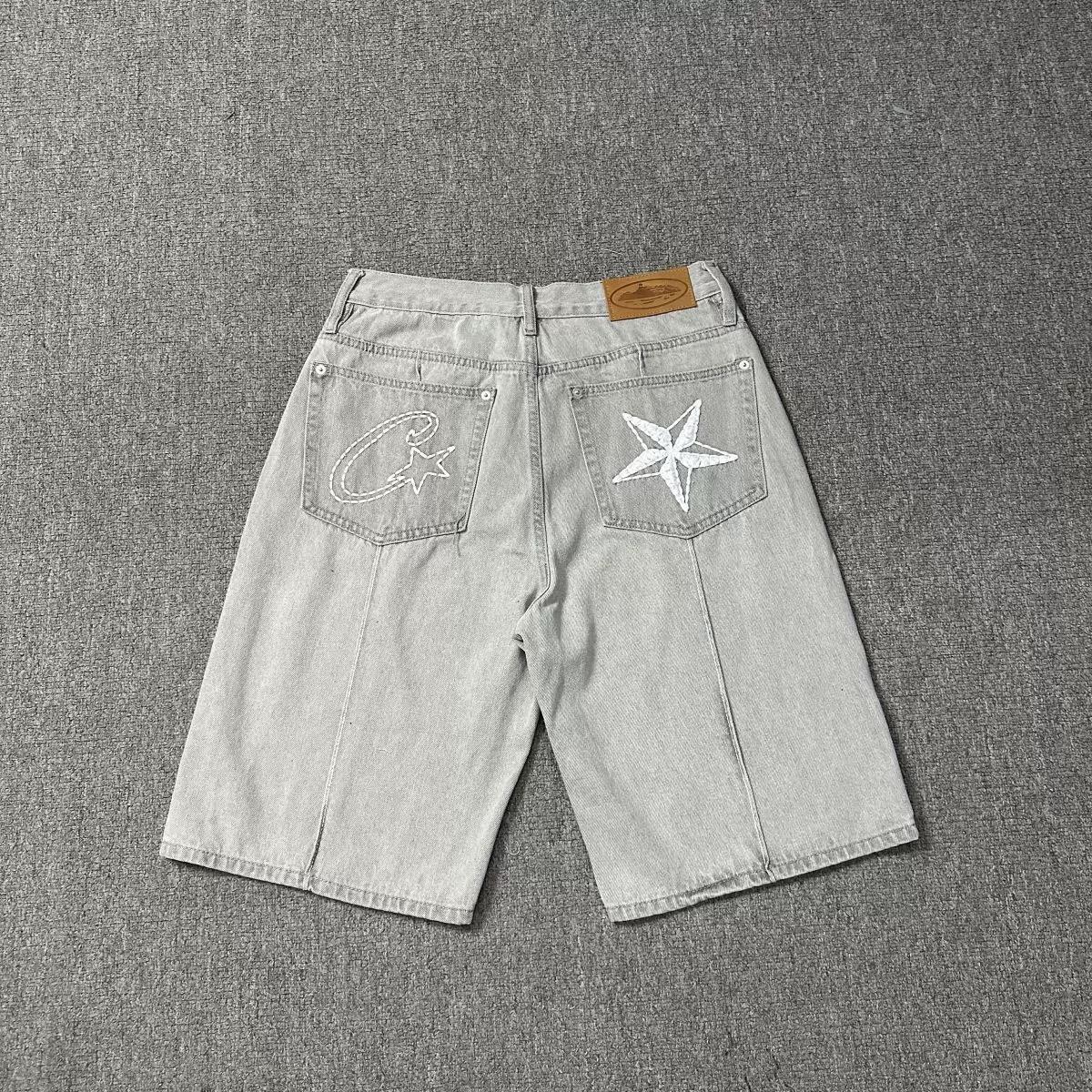 RogueWave Retro Denim Shorts Bestickt Hip-Hop-Nähte Gewaschen Street-Trend High Street Casual Sportshorts S weiß
