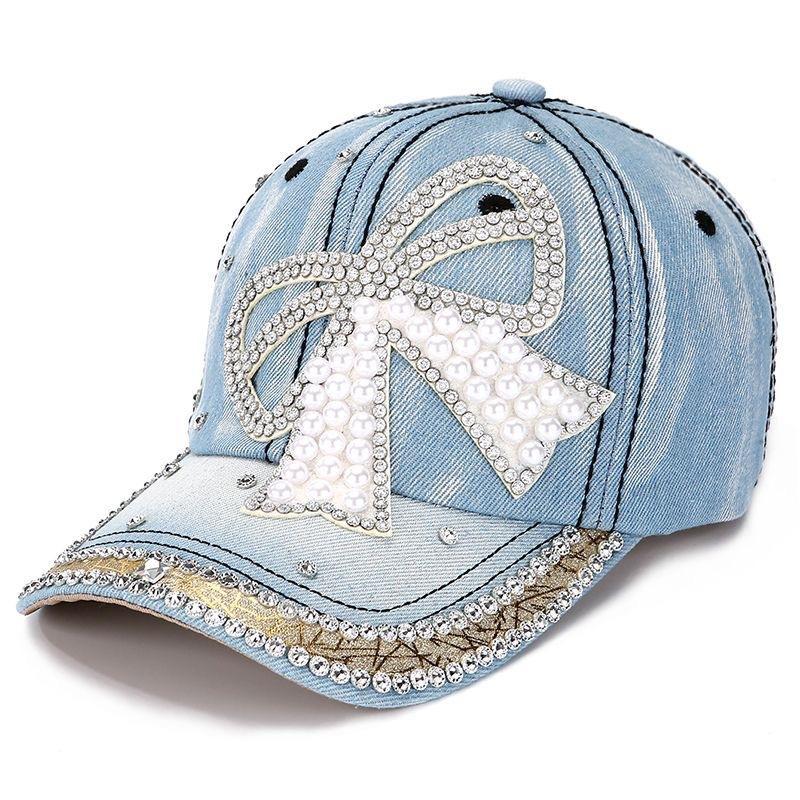 Damen Jeans Baseballkappe mit Perlen und Strasssteinen, Verstellbarer Bling-Sonnenhut für Outdoor, Reisen, Tägliches Tragen, Modische Streetwear Adjustable