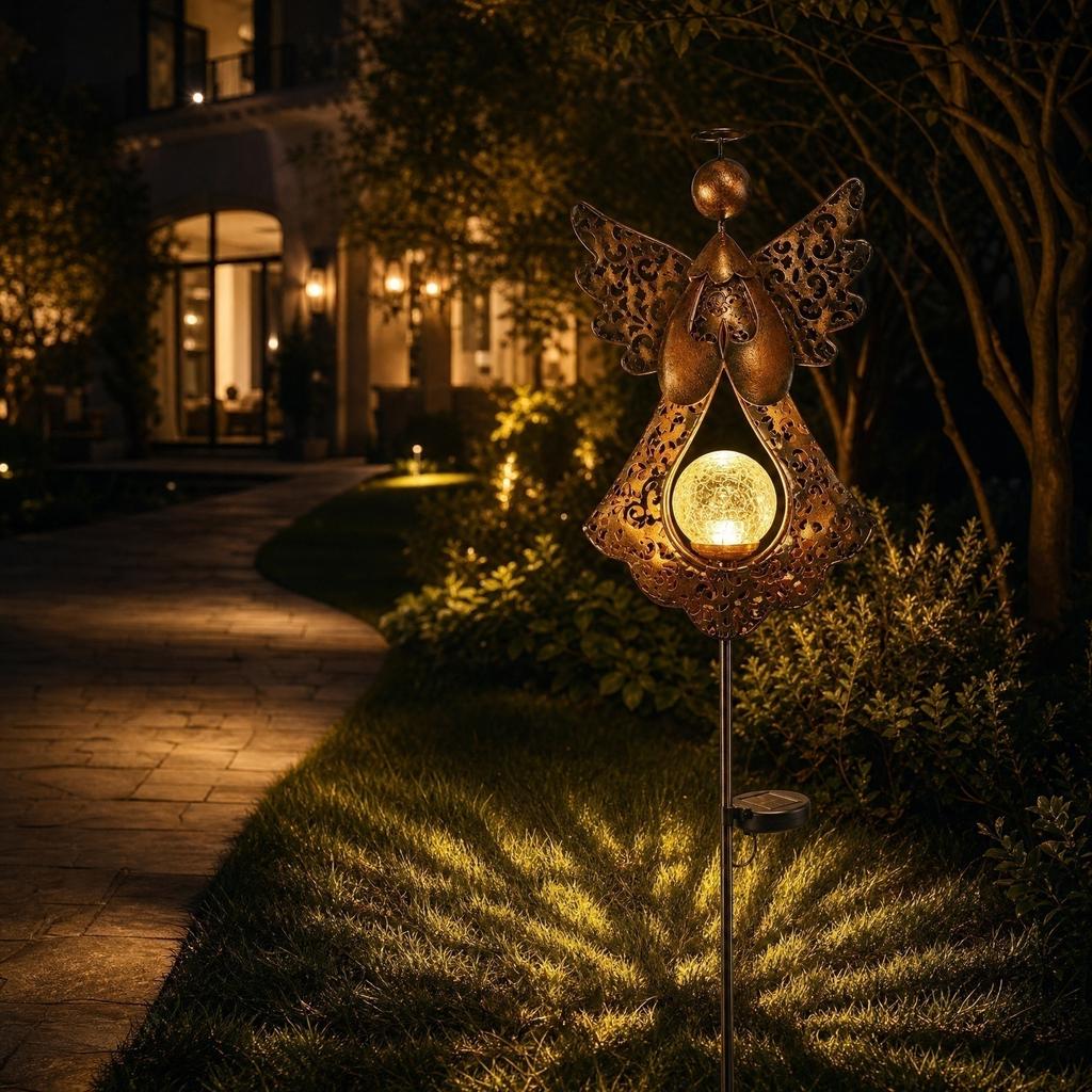 Solar Garden Stake Light Outdoor Decorative Angel Shape Metal Yard Lawn Ornament with Solar Panel and LED Light for Patio Pathway