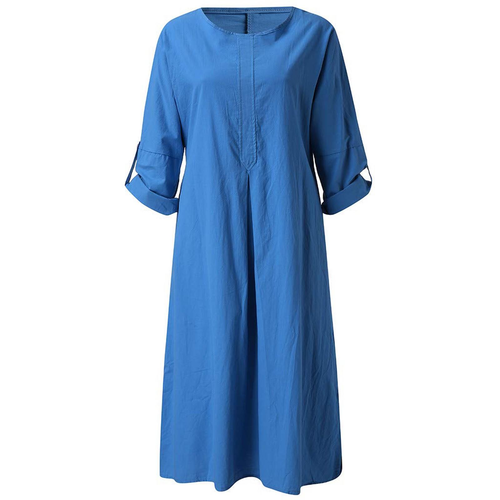 Женское повседневное однотонное свободное платье из хлопка и льна — фото 6