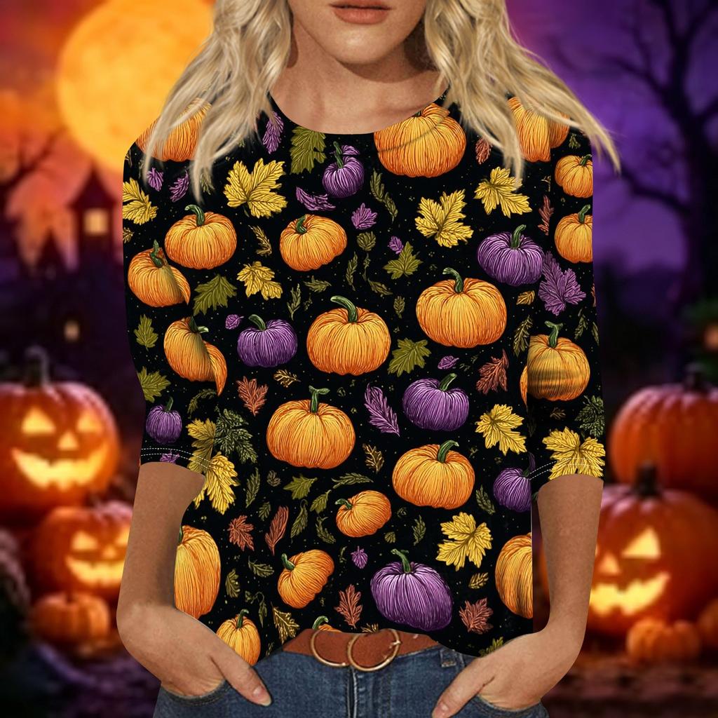 Women Casual 3/4 Sleeve Halloween Print Pullover Top Round Neck Lightweight Soft Fabric Comfortable Fit