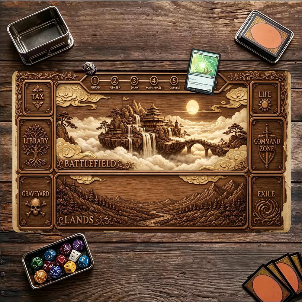 Vintage Carved Floating Castle Large Game Mat NonSlip Rubber Playmat Antique Wood Relief Art For Trading Card Tabletop Gaming