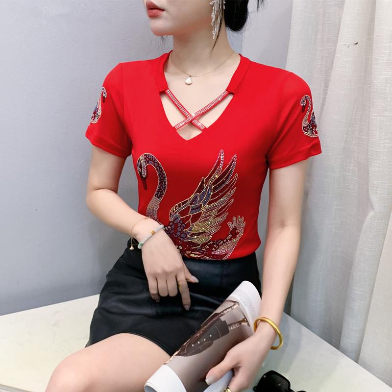 Summer Chic Women Clothes T-shirt Sexy Hollow Out Cartoon Swan Hot Diamonds Tops High Quality Female Luxury Slim Stretch Tees