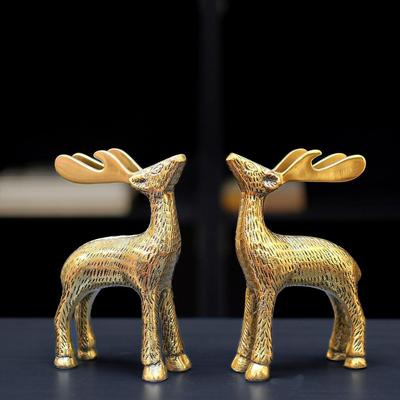 Estatueta de Rena de Natal de Alumínio Dourado Antigo 2 Peças | Enfeite de Rena para Mesa (Jóias não incluídas)
