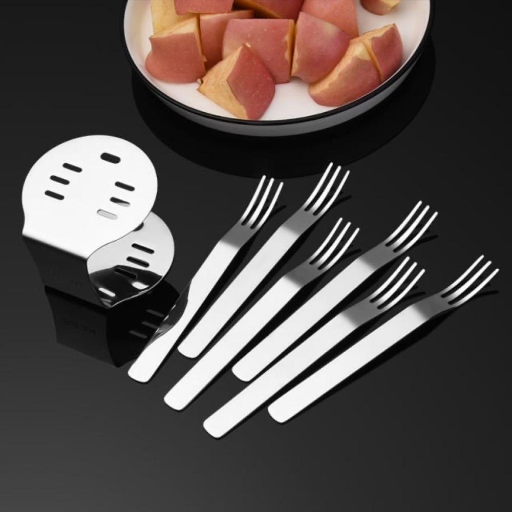 High Appearance Stainless Steel Fruit Fork Set with Stand Reusable Dessert Fork Three Toothed Portable Cake Fork Cake