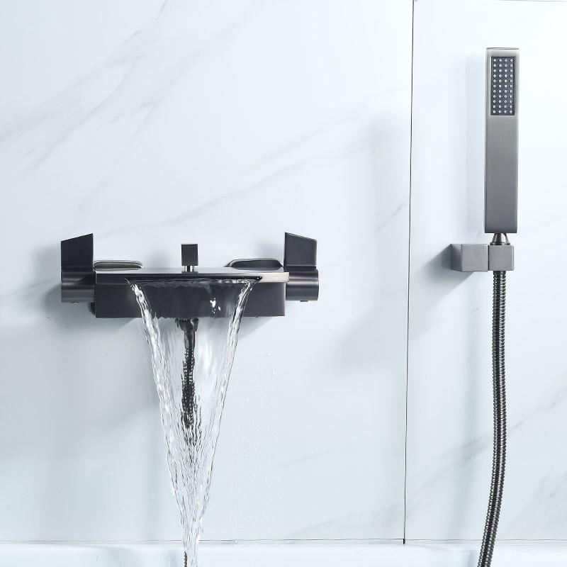 Brushed Gold Bath and Shower Faucet Set Wall Mounted Brass Gray Waterfall Bathtub and Shower Mixer Black Bathroom Taps Brass