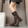 High D Version~ Two Wear Western Cowboy Boots Women's Autumn Thick Root Boots Skinny Pile Knight Boots Maillard Boots