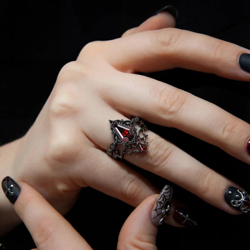 s/set Fashionable Inlaid Red Synthetic Zirconia Black Double-layer Ring Women's Gothic Daily Wear Jewelry Accessories Gifts