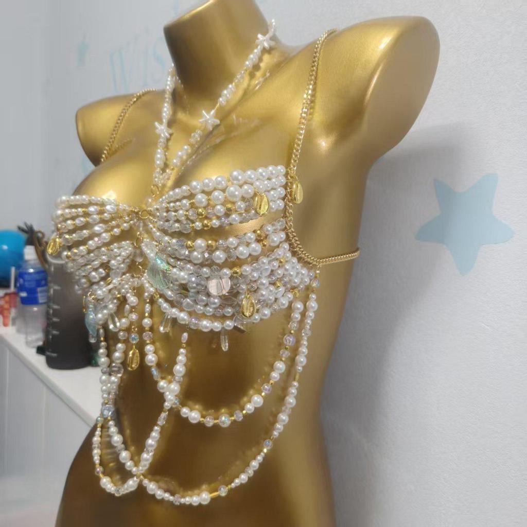 European Style Beaded Tassel Chest Chain Strappy Women's Vest for Beach Parties