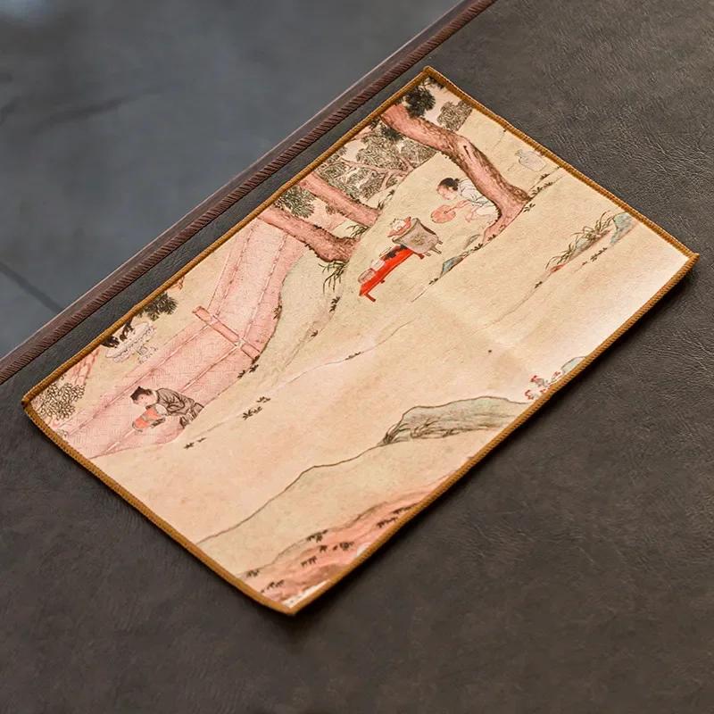 Chinese Painted Flower Pattern Thickened Tea Towel Plush Imitation Deerskin Absorbent Water Rag Tea Napkins Cloth Tea Ceremony