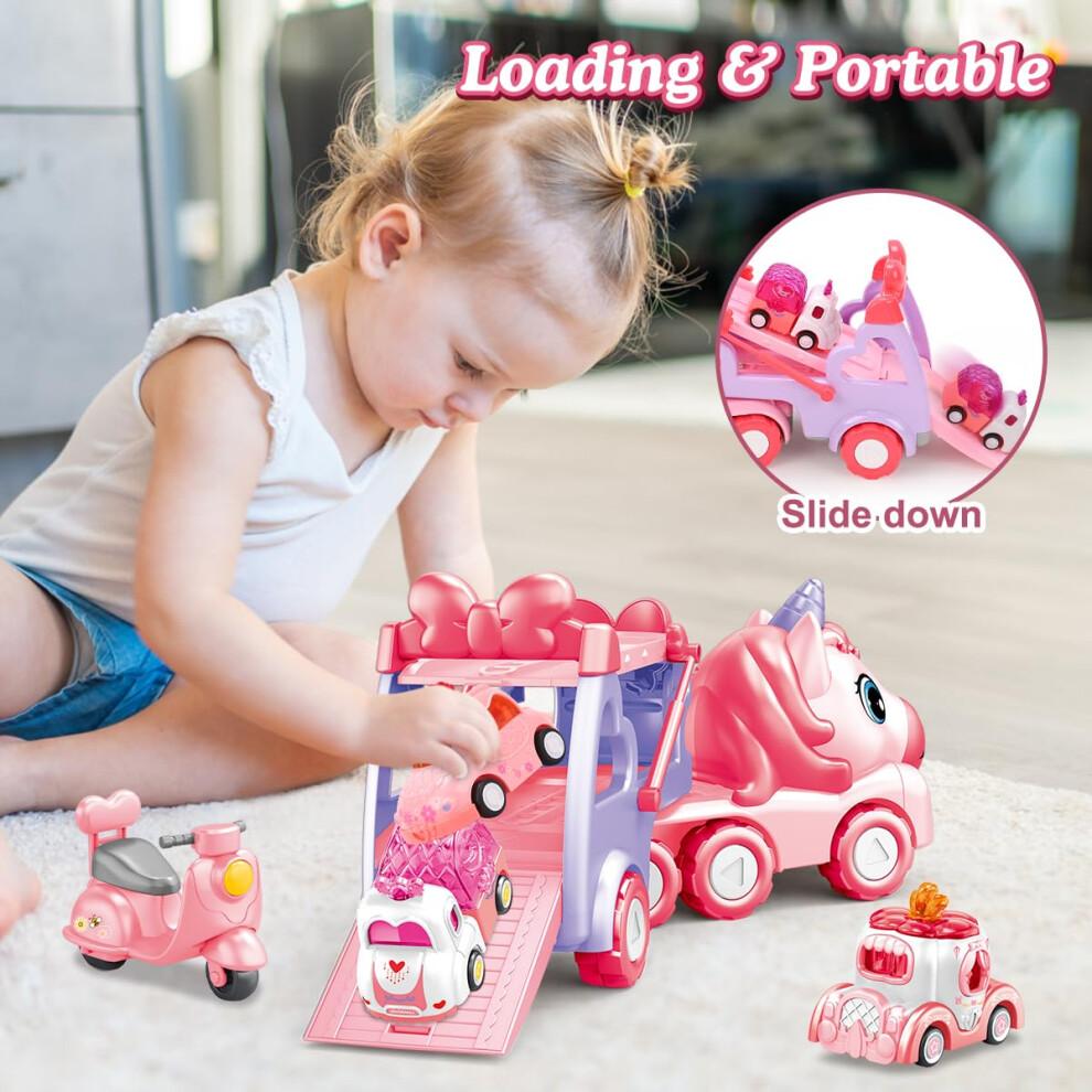 JQLM 5 IN 1 Unicorn Toy Girl Cars, Carrier Truck Toys for Girls Toddlers with Sound&Light, Birthday Christmas Toys Gifts for 2 3 4+ Year Old Baby