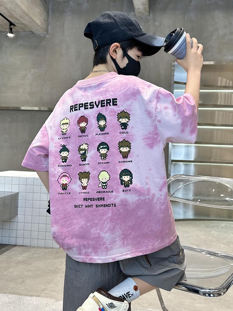2025 Boys' Trendy Tie-Dye Cotton T-Shirt: Short-Sleeve, Breathable Summer Streetwear for Older Kids